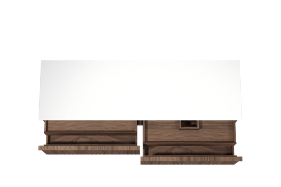 Balmani Forma meuble salle de bains suspendu 180 x 55 cm noyer américain avec Stretto tablette simple ou double en solid surface blanc mat, Nervure droite symétrique verticale