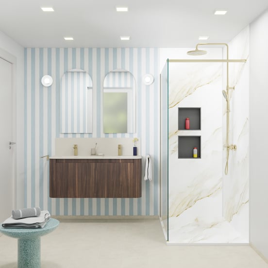 Storke Soft hängendes Möbelstück Set: 120 x 46 cm, Nussbaum, mit Mata Soft Doppelwaschtisch Solid Surface Beige Granit, Vertikale symmetrische gerade Rippe