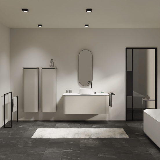 Balmani Moon hängendes Möbelstück Set: 130 x 55 cm, Seidengrau, mit Moon Einzel- oder Doppel Waschtischplatte, Solid Surface Weiß matt