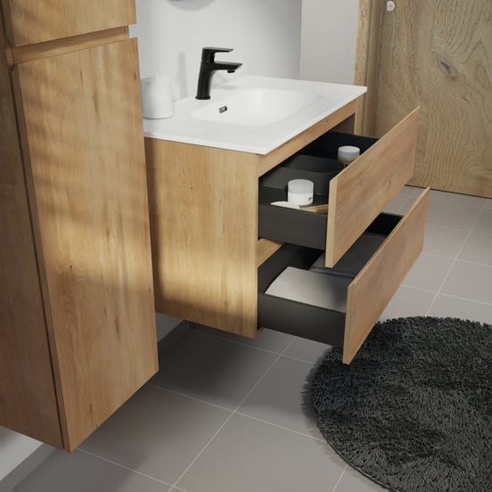 Linie Lado meuble salle de bains suspendu 80 x 46 cm chêne naturel avec Baro plan simple en porcelaine blanc mat