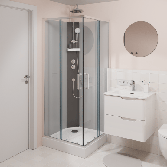 Linie Salta cabine de douche avec portes coulissantes 80 x 80 cm verre transparent profil chrome avec robinet