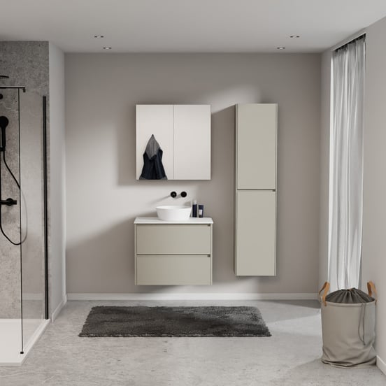 Storke Seda zwevend badmeubel 75 x 52 cm zijdegrijs met Tavola enkel wastafelblad in solid surface mat wit