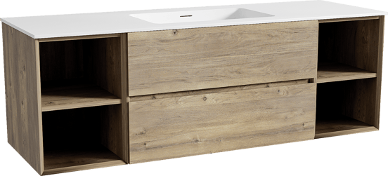 Storke Edge hängendes Möbelstück Set: 155 x 52 cm, Rohe Eiche, mit Mata Einzelwaschtisch, Solid Surface Weiß matt