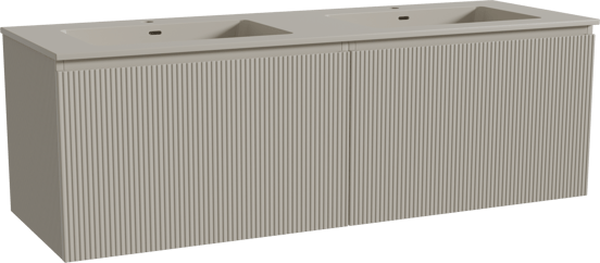 Storke Ribs zwevend badkamermeubel 150 x 52 cm zijdegrijs met Diva dubbele wastafel in top solid zijdegrijs, Verticale symmetrische rechte ribbel
