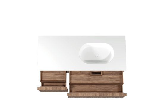 Balmani Forma zwevend badmeubel 135 x 55 cm amerikaans notenhout met Tablo Oval asymmetrisch rechtse wastafel in solid surface mat wit, Verticale asymmetrische ronde ribbel