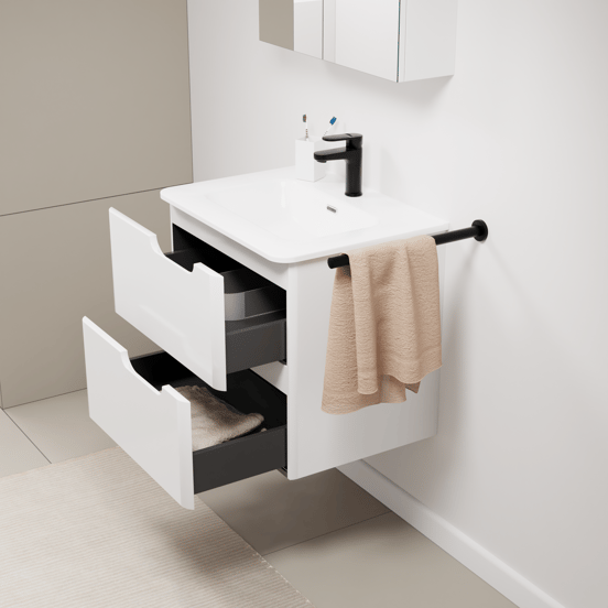 Linie Curvo hängendes Möbelstück Set: 60 x 46 cm, Weiβ glänzend, mit Baro Curvo Einzelwaschtisch Keramik Weiβ glänzend