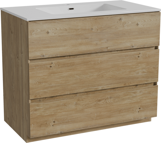 Storke Edge staand badmeubel 95 x 52 cm ruw eiken met Diva enkele wastafel in composietmarmer hoogglans wit