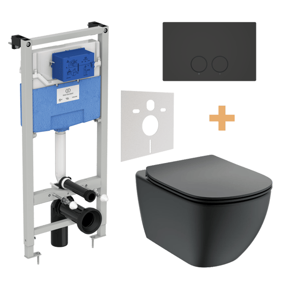 Ideal Standard Tesi hangtoilet mat zwart randloos met Ideal Standard ProSys inbouwreservoir en bedieningspaneel