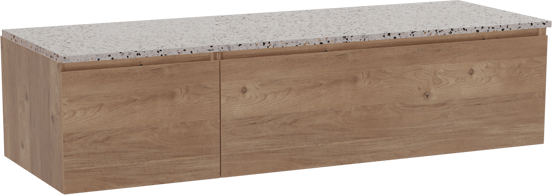 Storke Edge meuble salle de bains suspendu 150 x 52 cm chêne brut avec Tavola tablette simple ou double en blanc/noir mat terrazzo