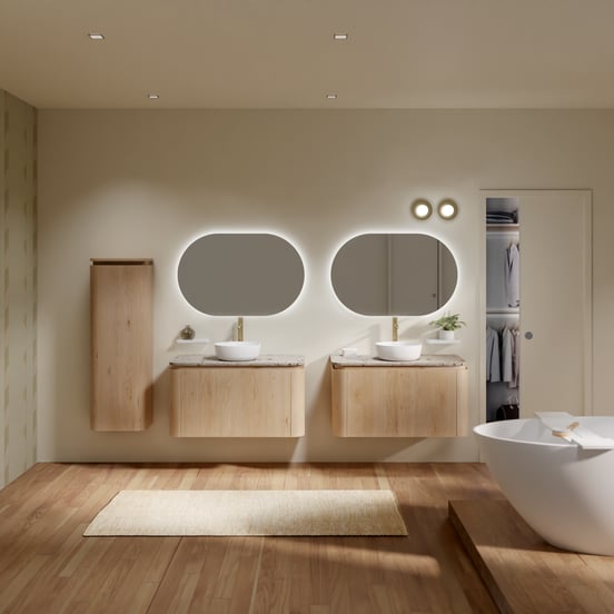 Balmani Moon hängendes Möbelstück Set: 100 x 55 cm, Naturbelassene Eiche, mit Moon Einzel Waschtischplatte, Terrazzo in Greige