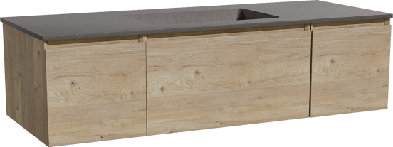 Storke Edge hängendes Möbelstück Set: 135 x 52 cm, Rohe Eiche, mit Scuro Einzelwaschtisch, Quarz Schwarz matt