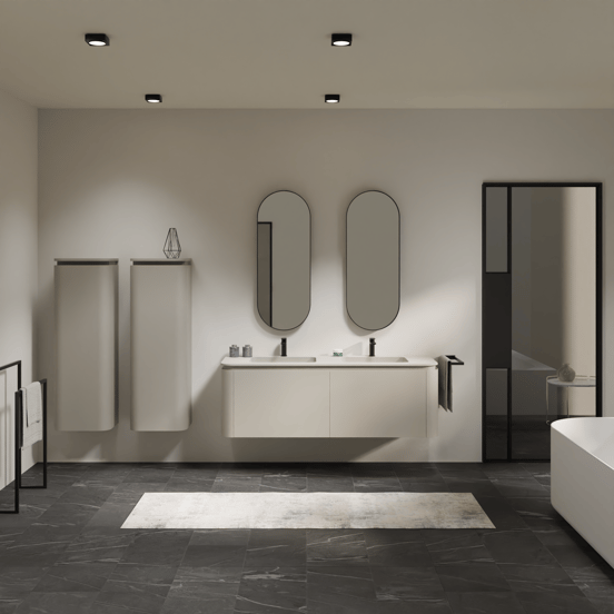 Balmani Moon hängendes Möbelstück Set: 160 x 55 cm, Seidengrau, mit Moon Doppelwaschtisch, Top Solid Seidengrau