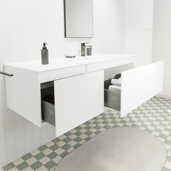 Storke Edge meuble salle de bains suspendu 130 x 52 cm blanc mat avec Mata plan vasque asymétrique à droite en solid surface blanc mat