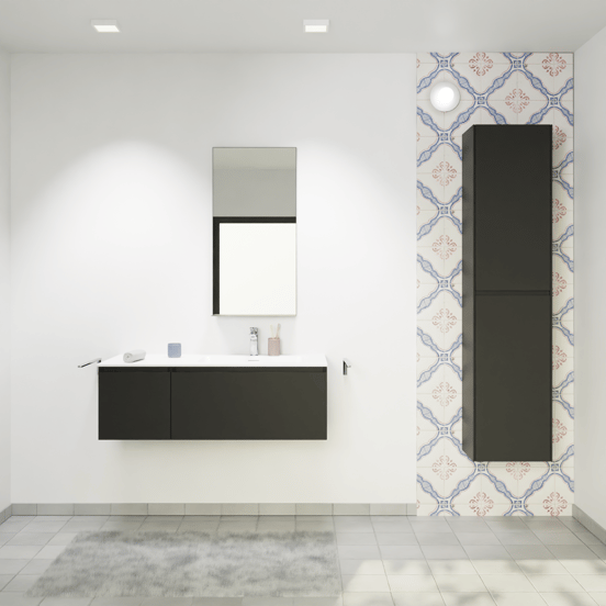 Storke Edge zwevend badmeubel 110 x 52 cm mat zwart met Mata asymmetrisch rechtse wastafel in solid surface mat wit