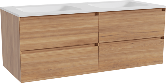 Balmani Mitra hängendes Möbelstück Set: 135 x 55 cm, Teak, mit Tablo Strada Doppelwaschtisch, Marmorkomposit Weiß matt