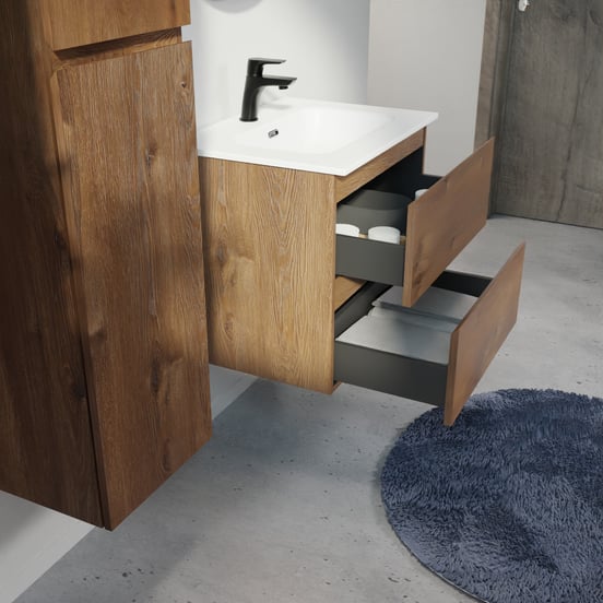 Linie Lado hängendes Möbelstück Set: 60 x 46 cm, Braune Eiche, mit Baro Einzelwaschtisch, Porzellan Weiß matt