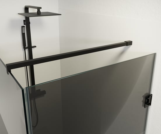 Balmani Modular douche de plain-pied avec porte droite 136 x 84 cm verre fumé avec bande matte et profil noir mat