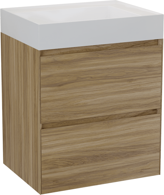 Balmani Mitra Compact hängendes Möbelstück Set: 60 x 46 cm, Wildeiche, mit Argila Waschtisch links Marmorkomposit Weiβ glänzend