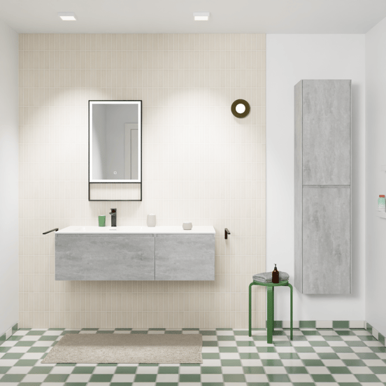 Storke Edge meuble salle de bains suspendu 120 x 52 cm béton gris foncé avec Mata plan vasque asymétrique à gauche en solid surface blanc mat