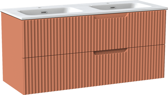 Linie Ribbo zwevend badmeubel 120 x 46 cm cotto met Baro dubbele wastafel in porselein hoogglans wit, Verticale symmetrische ronde ribbel