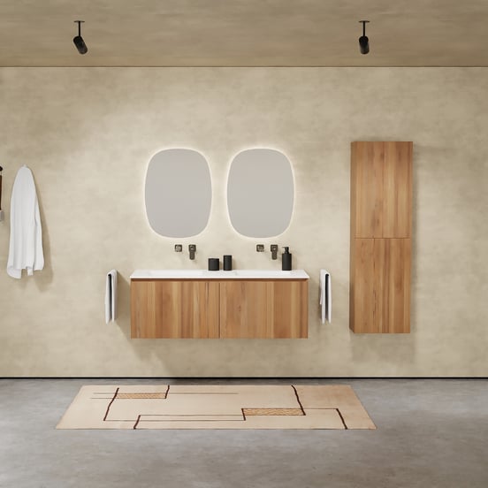 Balmani Idra hängendes Möbelstück Set: 135 x 55 cm, Teak, mit Tablo Arcato Doppelwaschtisch, Solid Surface Weiß matt