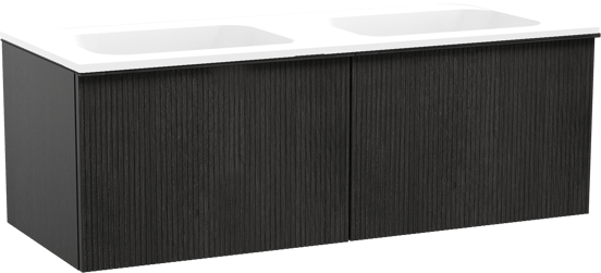 Balmani Forma zwevend badmeubel 135 x 55 cm zwart eiken met Tablo Strada dubbele wastafel in composietmarmer mat wit, Verticale symmetrische rechte ribbel