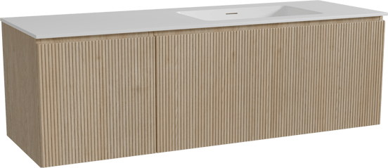 Storke Ribs zwevend badkamermeubel 150 x 52 cm ruwe eik met Mata asymmetrisch rechtse wastafel in solid surface mat wit, Verticale symmetrische rechte ribbel