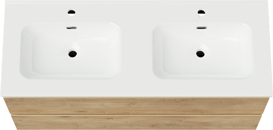 Linie Lado meuble salle de bains suspendu 120 x 46 cm chêne naturel avec Baro double vasque en porcelaine blanc brillant
