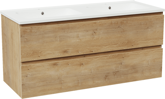 Linie Lado meuble salle de bains suspendu 120 x 46 cm chêne naturel avec Vano double vasque en marbre composite blanc mat