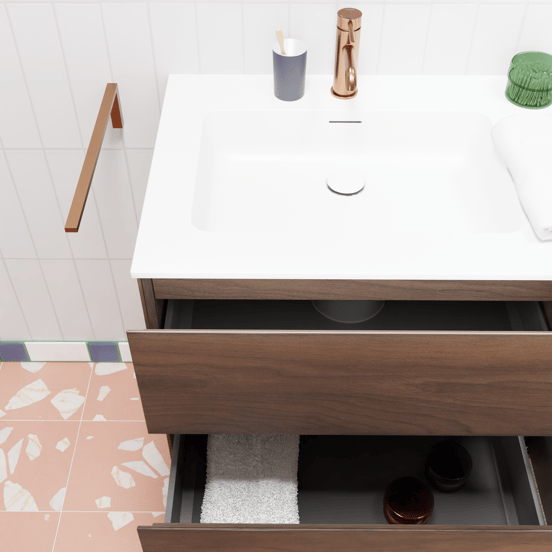 Storke Edge zwevend badmeubel 150 x 52 cm notenhout met Mata dubbele wastafel in solid surface mat wit