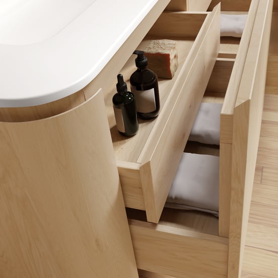 Balmani Moon hängendes Möbelstück Set: 130 x 55 cm, Naturbelassene Eiche, mit Moon Einzel- oder Doppel Waschtischplatte, Solid Surface Weiß matt