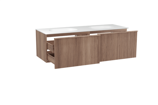 Balmani Forma hängendes Möbelstück Set: 150 x 55 cm, Teak, mit Tablo Oval Doppelwaschtisch, Solid Surface, Weiß matt, Vertikale symmetrische gerade Rippe