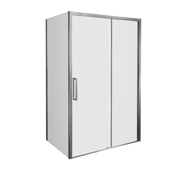 Balmani Senses Design douche en coin avec porte coulissante à droite et paroi latérale fixe, 120 x 90 cm, Verre transparent, Profil Chrome brillant, coating inclus