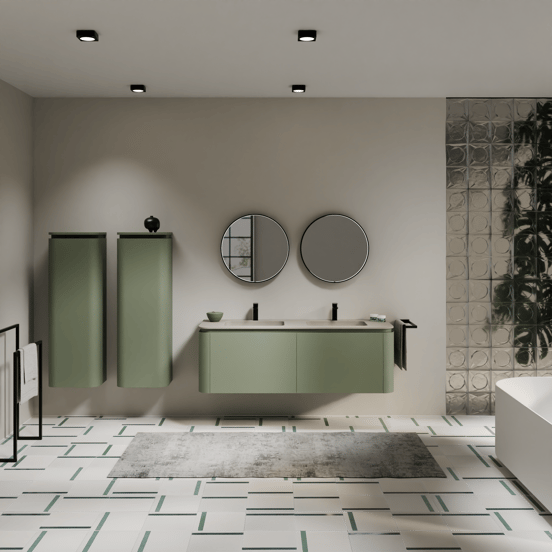 Balmani Moon zwevend badkamermeubel 160 x 55 cm saliegroen met Moon dubbele wastafel in top solid zijdegrijs