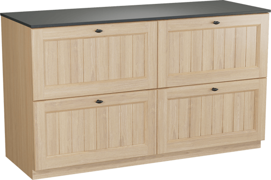 Balmani Lemon freistehendes Möbelstück Set: 150 x 55 cm, Naturbelassene Eiche Furnier, mit Stretto Einzel- oder Doppel Waschtischplatte, Schwarzes Granit