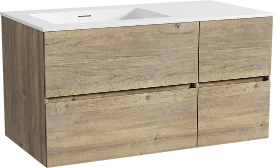 Storke Edge zwevend badkamermeubel 100 x 52 cm ruwe eik met Mata asymmetrisch linkse wastafel in solid surface mat wit