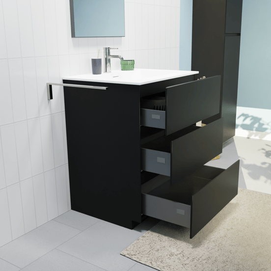 Storke Edge freistehendes Möbelstück Set: 65 x 52 cm, Schwarz matt, mit Mata Einzelwaschtisch, Solid Surface Weiß matt