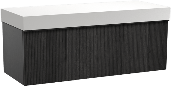 Balmani Forma zwevend badmeubel 135 x 55 cm zwart eiken met Dominus enkel of dubbel wastafelblad in solid surface mat wit, Verticale symmetrische rechte ribbel