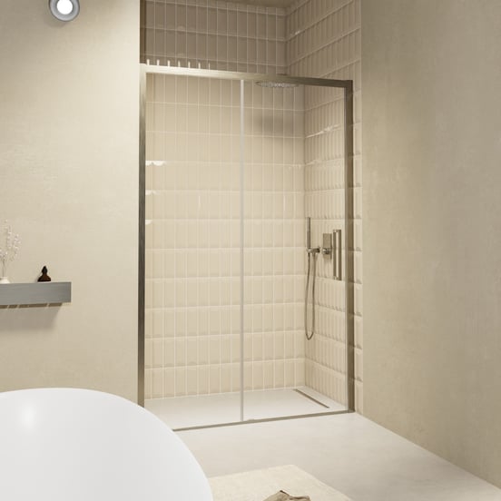 Balmani Senses Design Dusche Schiebetür, umkehrbar, 160 cm x 210 cm, Klarglas, Profil Brushed GunMetal, inklusive Coating