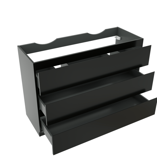 Linie Lado stehender Waschbeckenunterschrank: 120 x 46 cm, Schwarz Matt, 3 Schubladen, 2 Siphonaussparungen