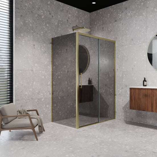 Balmani Senses Design douchecabine met rechtse schuifdeur en vaste zijwand, 160 x 100 cm, Reflex spiegelglas, Brushed Champagne Gold profielen