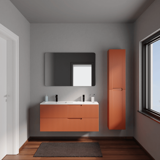 Linie Ribbo zwevend badmeubel 120 x 46 cm cotto met Vano dubbele wastafel in composietmarmer mat wit, Verticale symmetrische ronde ribbel