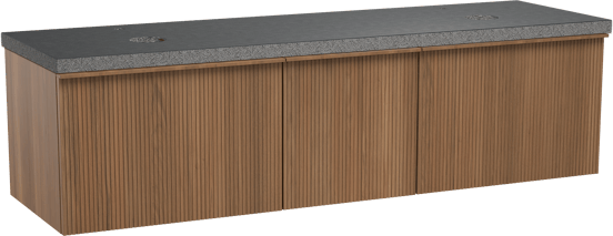 Balmani Forma zwevend badmeubel 180 x 55 cm teakhout met Rock dubbel wastafelblad in zwart graniet, Verticale symmetrische rechte ribbel