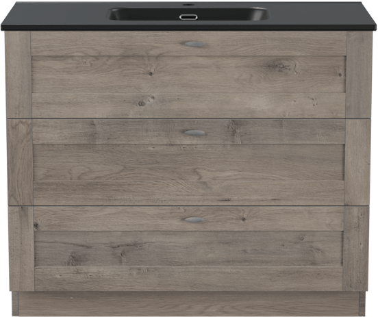 Linie Classo freistehendes Möbelstück Set: 100 x 46 cm, Graue Eiche, mit Baro Einzelwaschtisch, Porzellan Schwarz matt