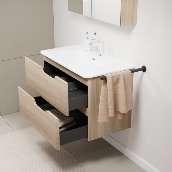 Linie Curvo meuble salle de bains suspendu 80 x 46 cm chêne clair avec Baro Curvo plan simple en porcelaine blanc brillant