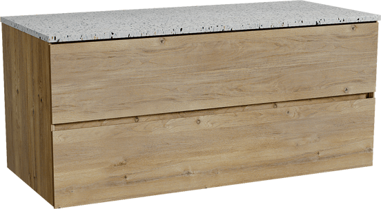 Storke Edge meuble salle de bains suspendu 120 x 52 cm chêne brut avec Tavola tablette simple ou double en blanc/noir mat terrazzo