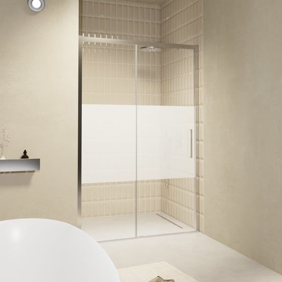 Balmani Senses Design Dusche Schiebetür, Links, 160 cm x 210 cm, Klarglas mit mattiertem Streifen, Profil Chrom