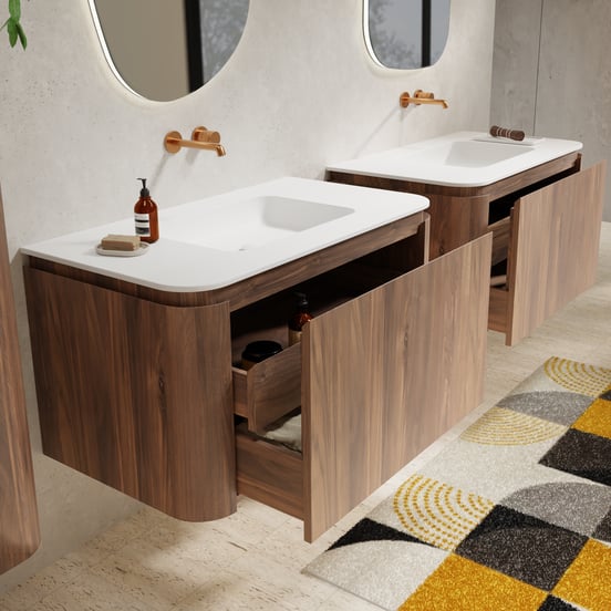 Balmani Moon meuble salle de bains suspendu 100 x 55 cm noyer américain avec Moon plan simple en solid surface blanc mat