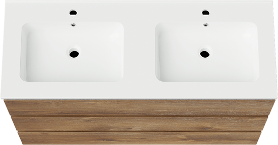 Linie Lado staand badkamermeubel 120 x 46 cm bruine eik met Vano dubbele wastafel in composietmarmer glanzend wit