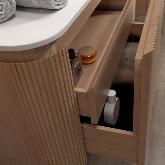 Balmani Moon meuble salle de bains suspendu 160 x 55 cm chêne naturel avec Moon tablette simple ou double en solid surface blanc mat, Nervure droite symétrique verticale